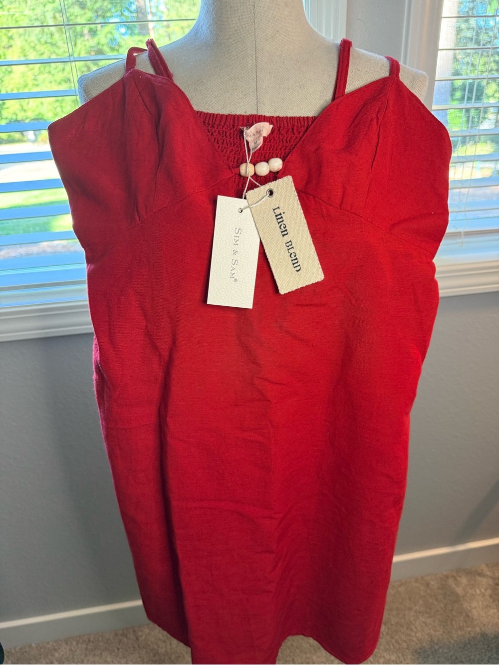 Sleeveless Red Linen-Blend Mini Dress with Spaghetti Straps
